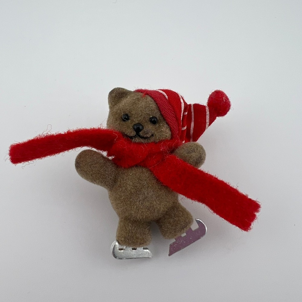 Vintage Flocked Teddy Bear Ice‎ Skater Brooch Red Scarf Winter Hat Pin 2"